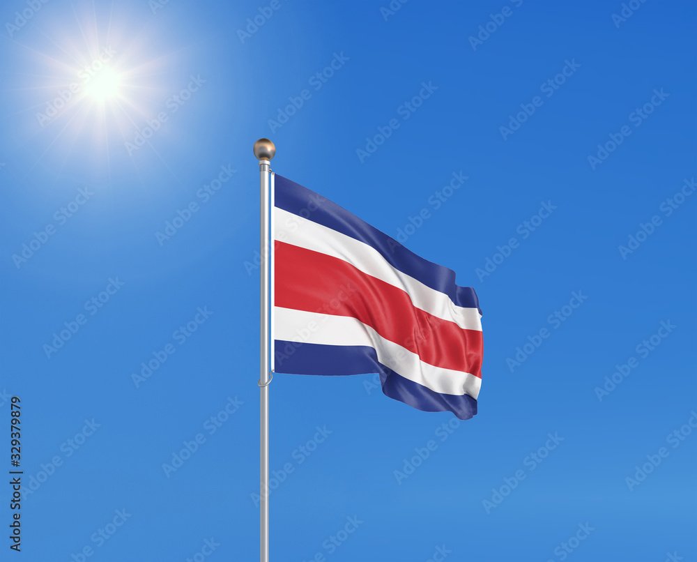 3D illustration. Colored waving flag of Costa Rica on sunny blue sky background.