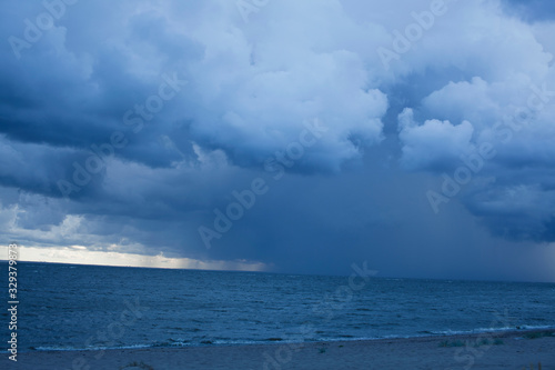 blue sky cloudy landscape, thunder on sea background