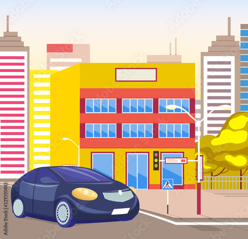 Fototapeta Naklejka Na Ścianę i Meble -  City street with car on it. Vehicle turning right. Skyscraper of modern town with developed architecture. Automobile passing houses and supermarkets. Auto on road. Vector in isometric 3D style