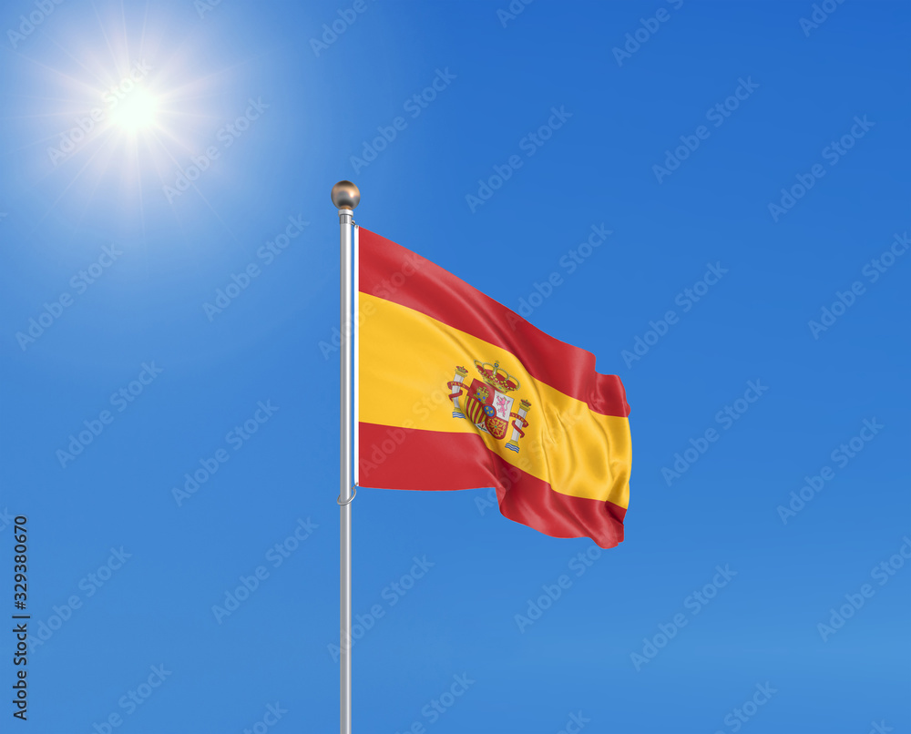 3D illustration. Colored waving flag of Spain on sunny blue sky background. 3D illustration. Colored waving flag of Spain on sunny blue sky background.