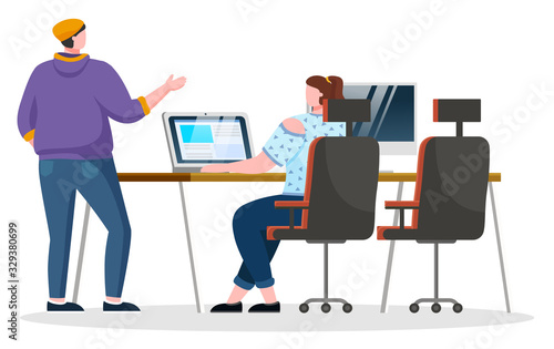 Manager speaking with office worker at her workplace. Lady sit on chair by table and type on laptop. Colleagues and teammates talking about work. Vector illustration of coworkers in flat style