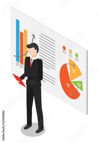 Businessman presenting scheme graph report. Speech of professional worker standing with paper near diagram presentation. Training form employee male with growth plan and business statistics vector