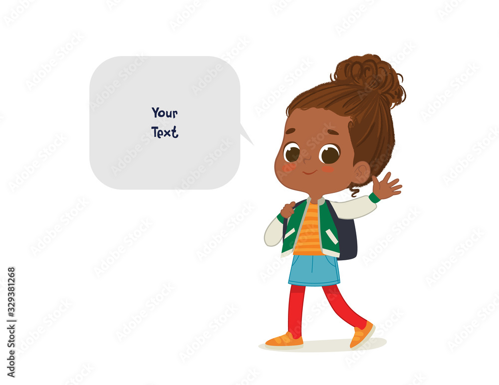 Vector illustration of the African American Girl with the backpack goes to school. Preschool girl walks to school. School girl and speech bubble with place for text isolated on white background