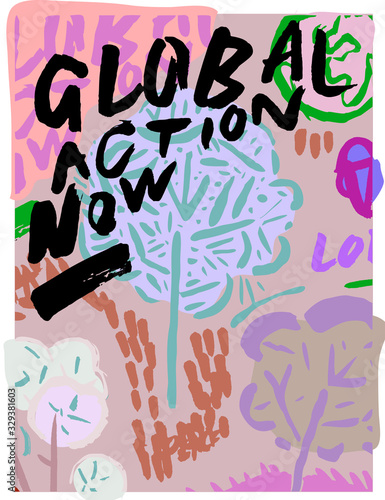 Global action now! Eco theme environmental illustration, pop candy powder colors. Arty design, poster, print, card theme with tree, cotton plant, grass stalks, planet Earth, kiss. Silkscreen aesthetic