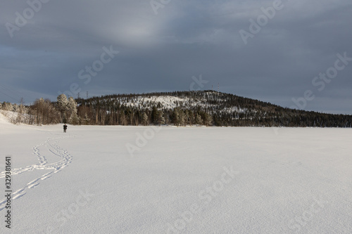 Winter landscape - snow-capped lake mountain and trees in the distance © Kateryna