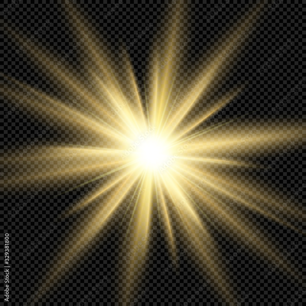 Realistic gold sun rays. Shine light effect