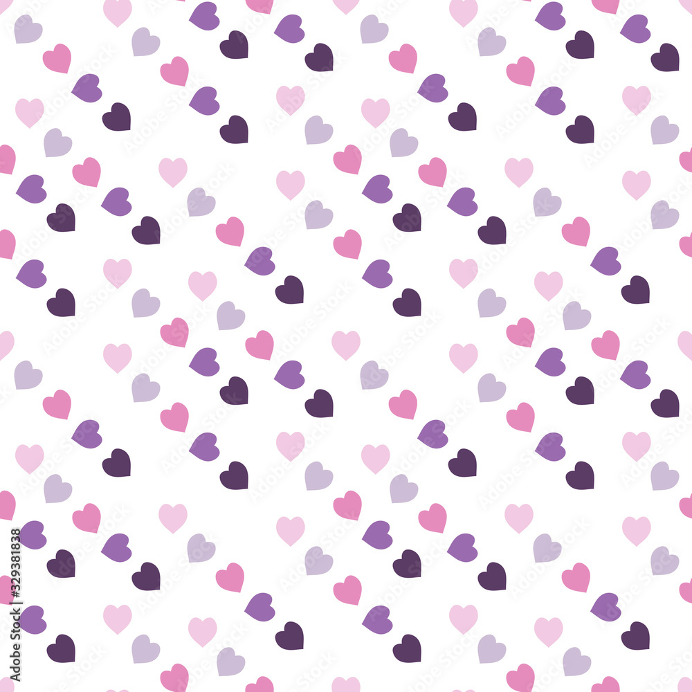 Seamless pattern with cute pink and violet hearts on white background. Vector image.