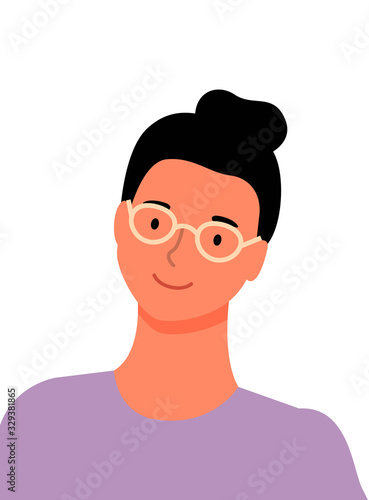 Pretty woman in glasses isolated business character. Vector employee or entrepreneur in purple sweater, portrait view, photo of best worker of week or month