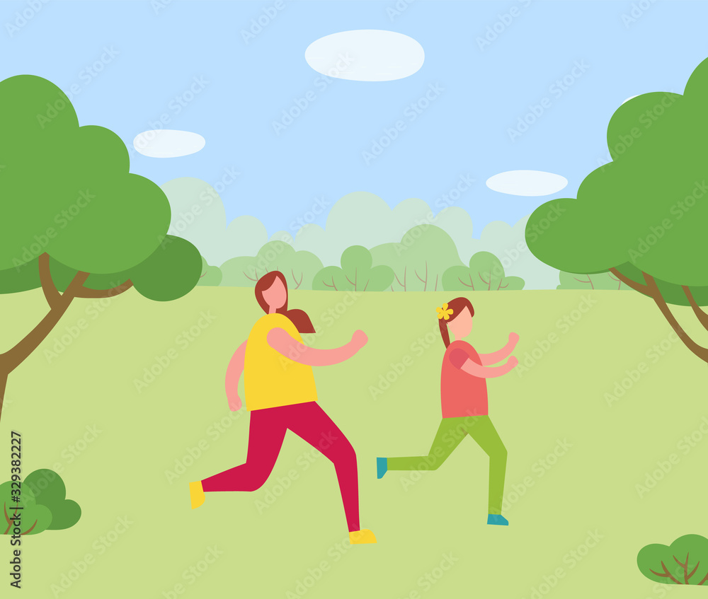 Active lifestyle of woman and kid vector, family exercising of mom and daughter in park. Forest with fresh air and trees foliage, people jogging. Running teenager and female illustration in flat style Active lifestyle of woman and kid vector, family exercising of mom and daughter in park. Forest with fresh air and trees foliage, people jogging. Running teenager and female illustration in flat style