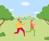 Active lifestyle of woman and kid vector, family exercising of mom and daughter in park. Forest with fresh air and trees foliage, people jogging. Running teenager and female illustration in flat style