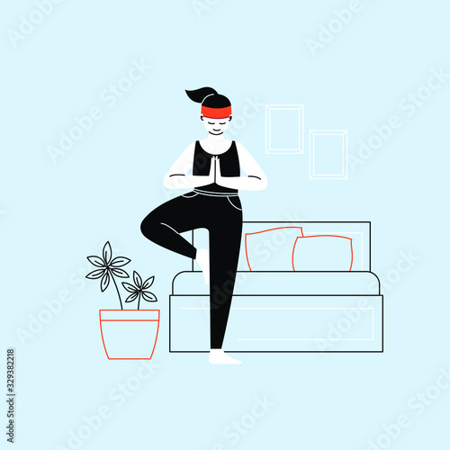 Flat illustration of a person practicing yoga at home