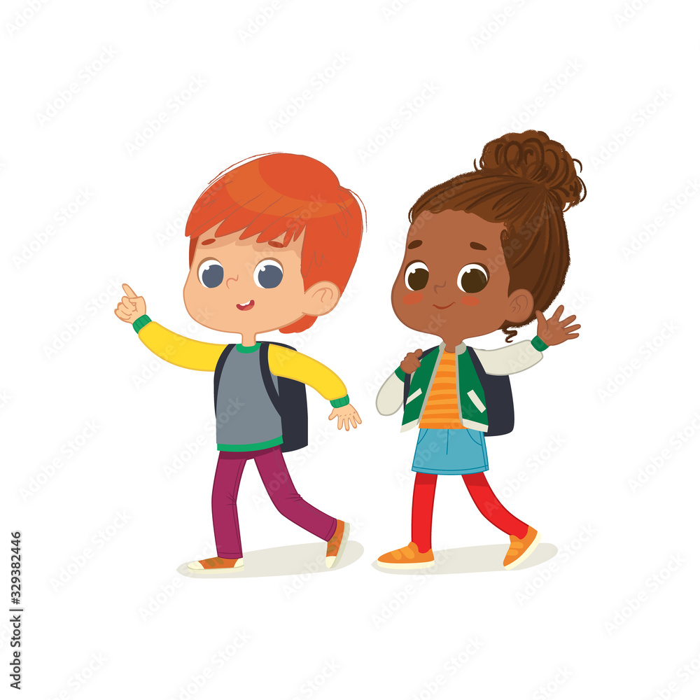 Vector illustration of two kids with the backpacks are going to school. Preschool friends Redhair boy and African American girl walks to school.