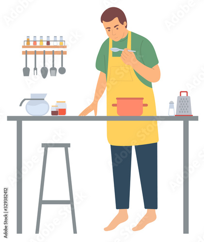 Kitchener tasting, glass dish on table. Portrait view of cooker character wearing apron cooking, hugging cutlery and seasoning on shelf, hobby vector