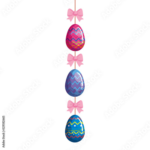 cute eggs easter decorated hanging with bow ribbon vector illustration designicon