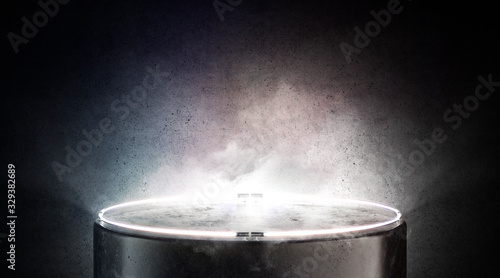 Φωτογραφία Blank black round glowing pedestal mockup on colored background