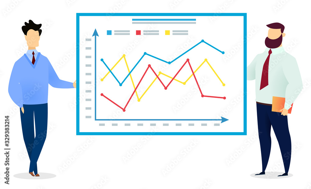 Manager presenting schema with diagrams for boss. Men stand near chart with graphic line on board about business project. Office workers on presentation of plan. Vector illustration in flat style Manager presenting schema with diagrams for boss. Men stand near chart with graphic line on board about business project. Office workers on presentation of plan. Vector illustration in flat style