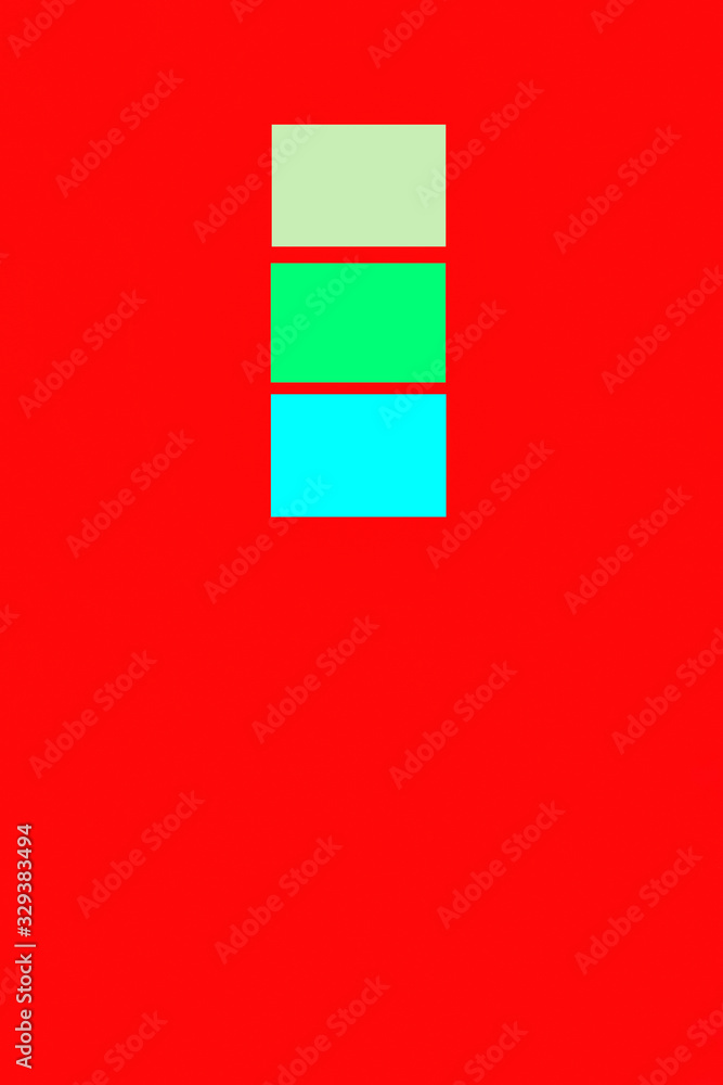 A scarlet background with three small rectangles of different colors.