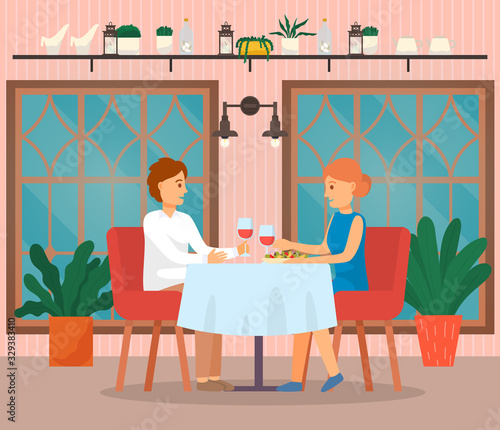 People sit by table in restaurant. Couple drink wine and eating out in cafe, romantic date. Friends spending time together. Cafeteria interior with big windows and houseplants. Vector illustration