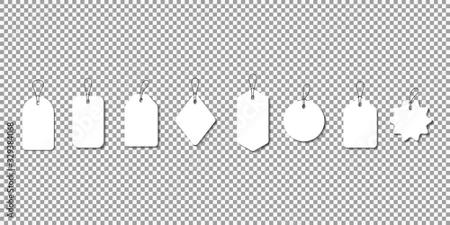 Set blank white paper price tags or gift tags. Paper labels with cord. Set template shopping labels with shadow - stock vector.