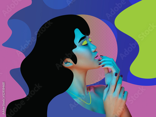Portrait of a beautiful young woman with bright colorful painted design. Retro and magazine style, modern vision of females beauty and fashion, contemporary artwork. Copyspace. Make up and hairstyle.