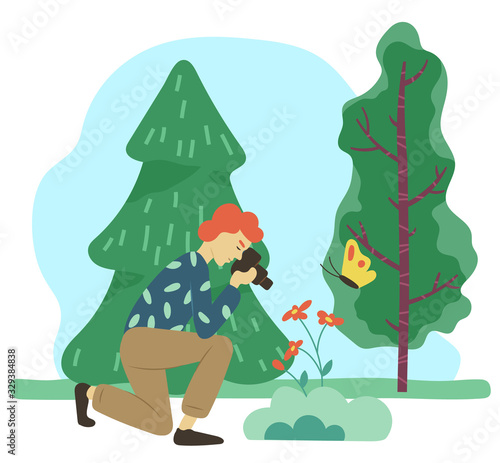 Hobby of male character taking photo of nature. Man with camera shooting flowers and butterfly. Scenic landscape in summer with trees, spruce pine. Photographer at work, vector in flat style