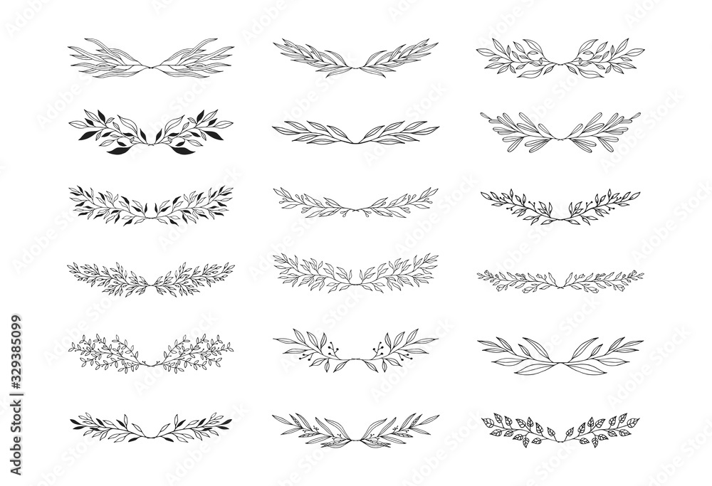 Fototapeta premium Set of floral branch dividers. Rustic page break laurels for wedding. Vector isolated spring flourish borders.