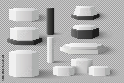 White Blank Cylinder, Hexagon element template set with shadow on transparency background. concept podium stage showcase for ingredient product, sale, banner, cosmetic, offer, Realistic vector