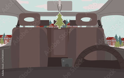 Winter road trip in automobile with snowy buildings and fir-tree view. Nobody transportation symbol car with seats and rudder. Traveling empty vehicle in countryside with house in frost season vector