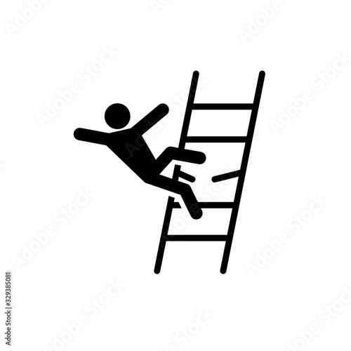 Man falling from broken ladder accident icon. Handyman injury risk symbol. Worker falling down black sign. Adjustable stroke width.