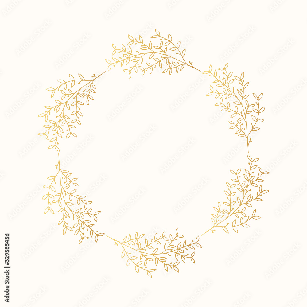 Gold floral herb frame. Golden rustic wreath for wedding. Vector isolated spring flourish branch border. Gold floral herb frame. Golden rustic wreath for wedding. Vector isolated spring flourish branch border.