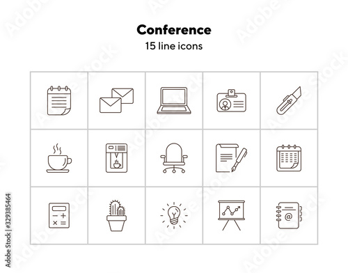 Conference icon set. Line icons collection on white background. Document, coffee, report. Presentation concept. Can be used for topics like start-up, office, workplace