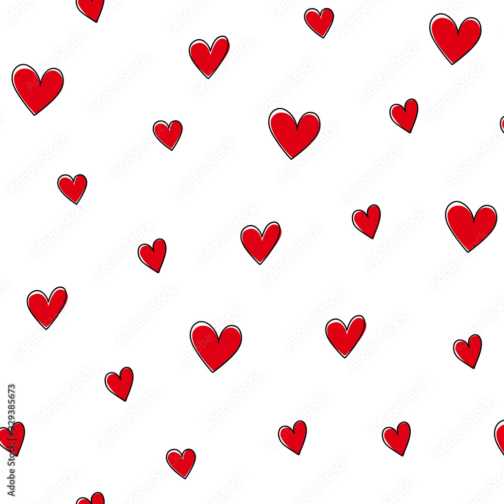 Seamless pattern of black and red hearts. Abstract hand drawn hearts isolated on white background. Stylish texture for fabric, textile, wallpaper, wrapping. Vector illustration