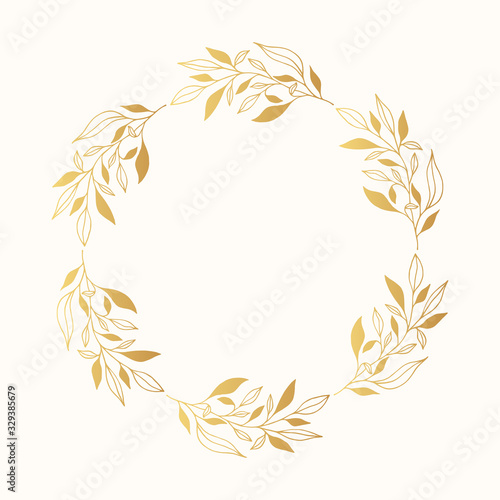 Golden decoration floral wreath. Herb frame for wedding invitation. Vector isolated gold spring flourish border.