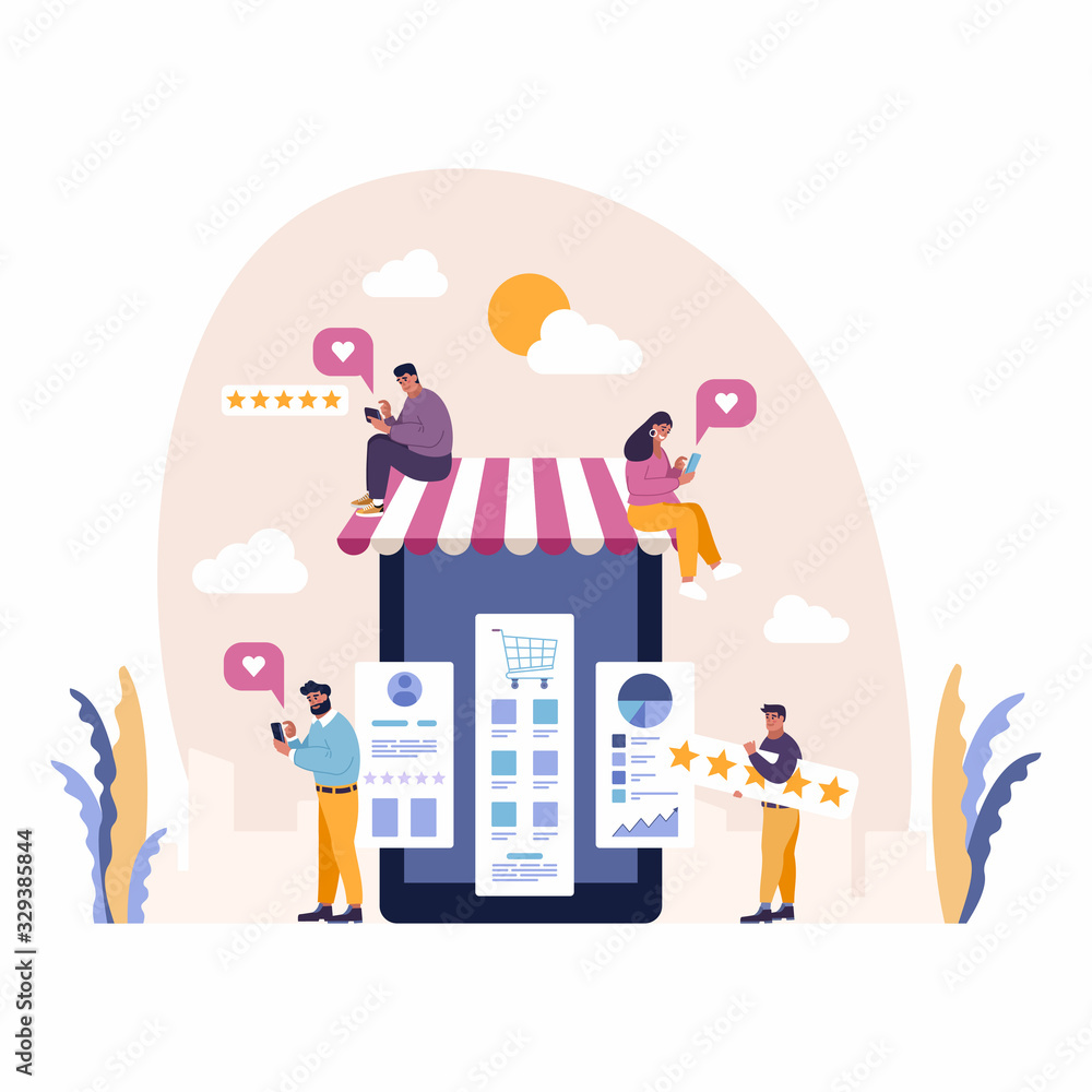 Excellent user experience customer satisfaction concept with people enjoy mobile shopping and share five star reviews. Positive experience marketing illustration with happy clients giving feedback.