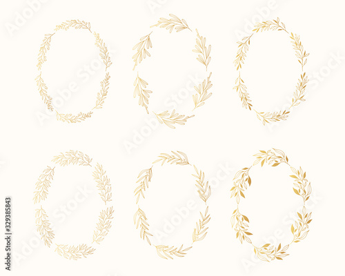 Golden floral herb oval frames set. Rustic branch gold wreaths for wedding. Vector isolated spring flourish borders.
