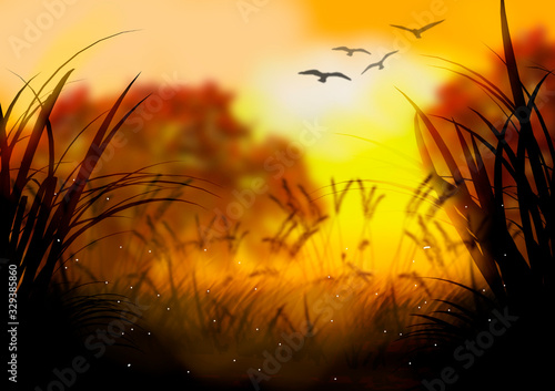 autumn landscape with sun and birds
