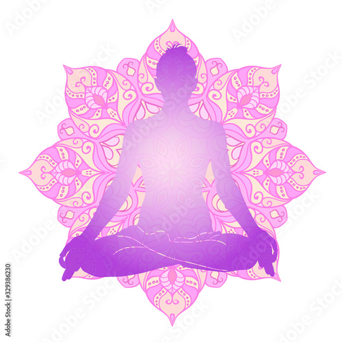 Yoga meditation illustration. Silhouette of woman in yoga pose with decorative round mandala. Print for spiritual yoga concept.