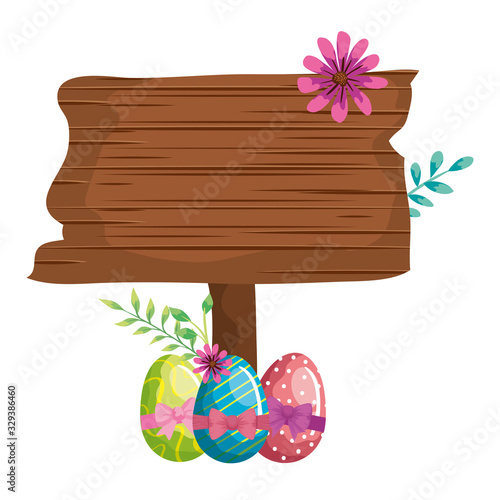 signal way wooden with eggs easter and flower vector illustration design