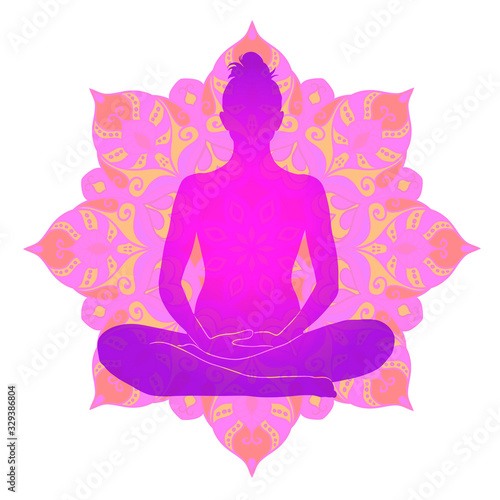 Esoteric yoga symbol of round mandala and silhouette of meditating woman. Ornamental colorful design for print and yoga concept.