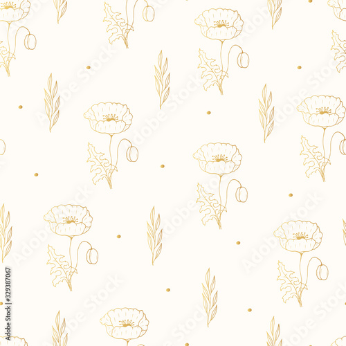 Seamless pattern with golden poppy flower. Gold botanical texture for wedding cards. Vector isolated spring floral background for textile.