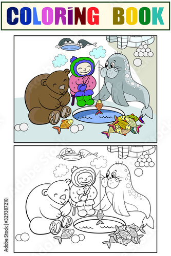 Eskimo boy fishing with animals. Set children coloring book and color picture.