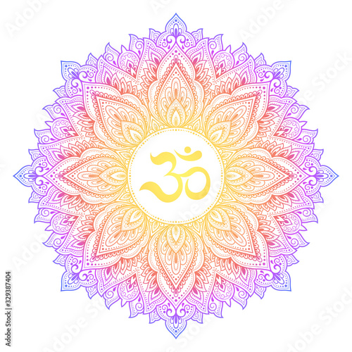 Color Circular pattern in form of mandala with ancient Hindu mantra OM and lotus flower for Henna, Mehndi, decoration. Decorative ornament in oriental style. Rainbow design on white background.
