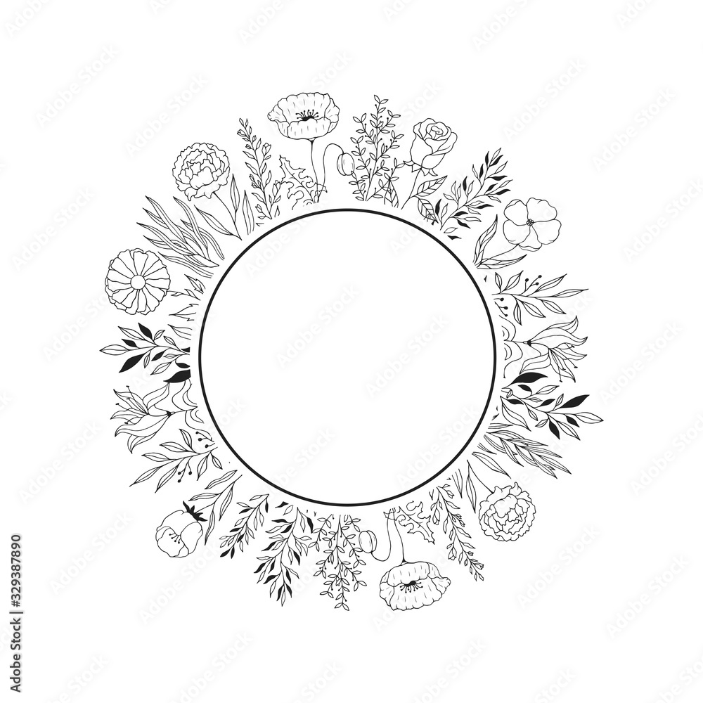Obraz premium Floral round frame with branches, flowers and herbs. Elegant decor for wedding invitations. Vector isolated spring flourish border. 
