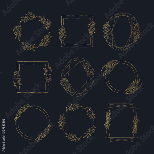 Golden floral herb elegant frames. Vector isolated spring flourish round and square wreaths set. Gold branches and flowers wreaths for wedding card. 