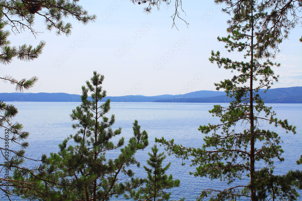Beautiful view of the lake and the hills through the pine trees. Background. Scenery. Beautiful view of the lake and the hills through the pine trees. Background. Scenery.