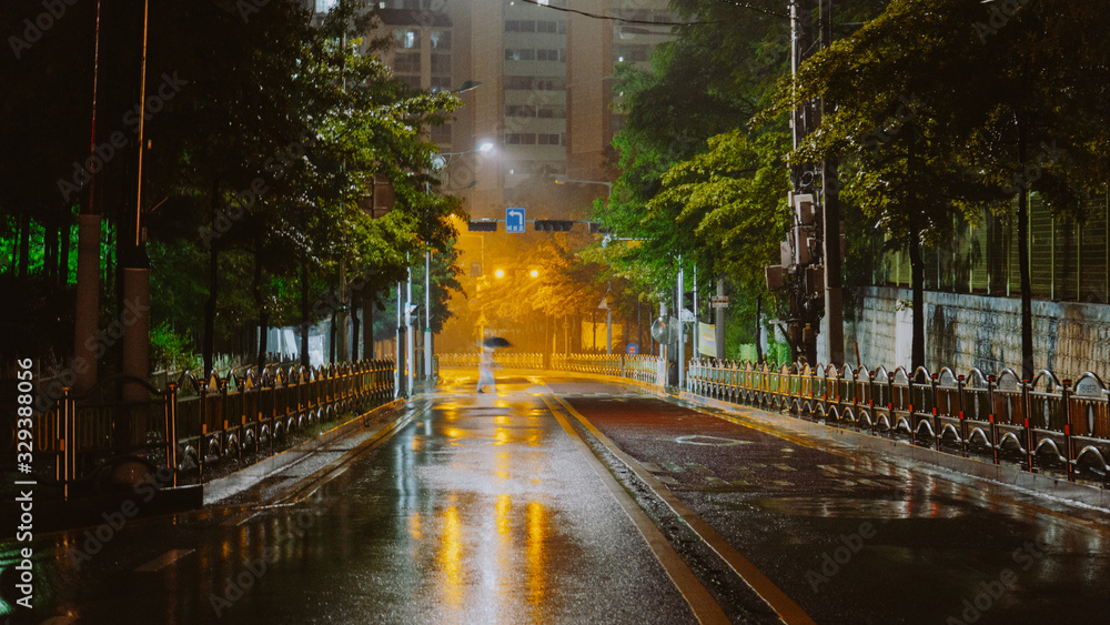 Summer Rainy Midnight Road and Sidewalks. From Korea