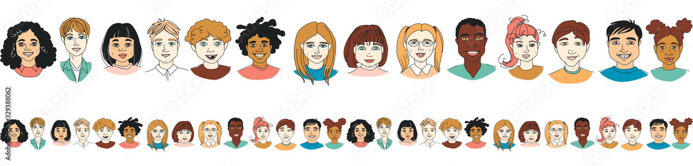 Fototapeta premium Kid's diversity head portraits line drawing doodle seamless border pattern