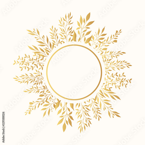 Golden floral round frame with branches. Gold rustic invitation wreath for wedding card. Vector isolated spring flourish border. 