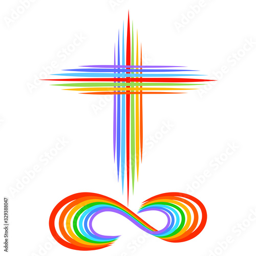 Foto cross and infinity sign of seven rainbow lines