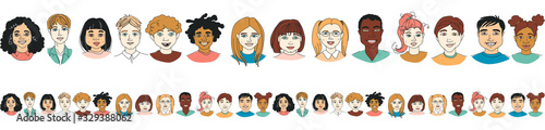 Kid's diversity head portraits line drawing doodle seamless border pattern